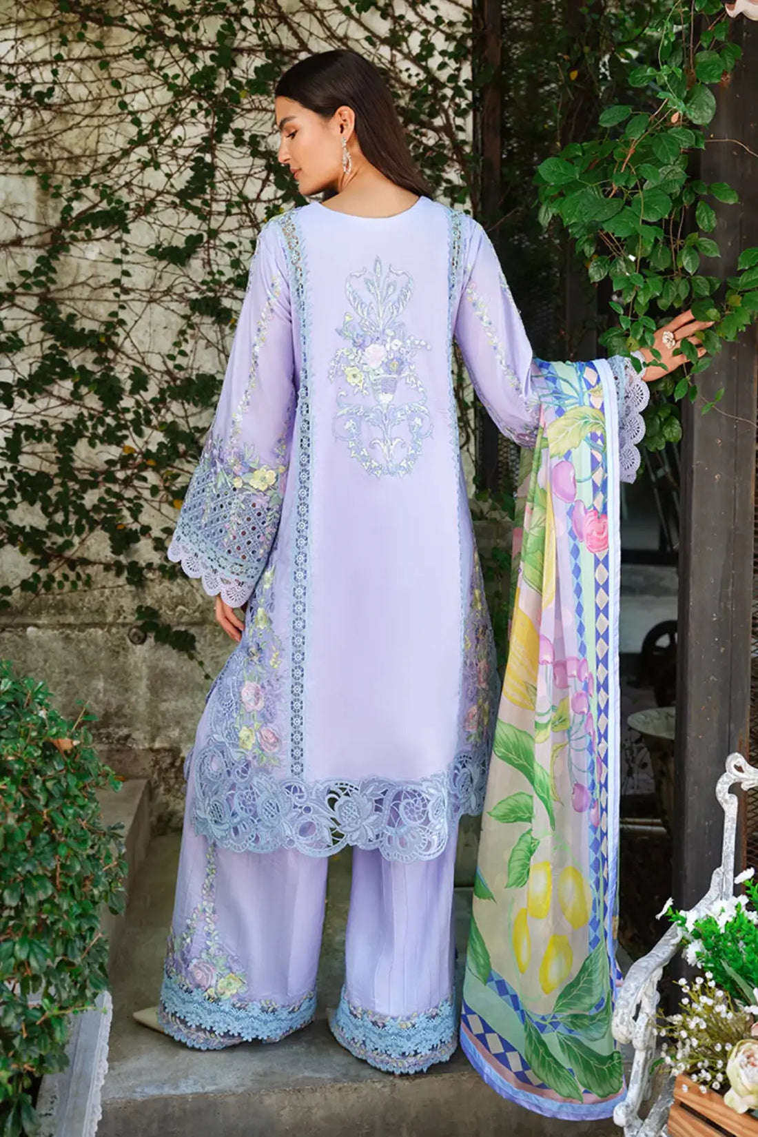 Lilac Sweet Confession by Mushq embroidered lawn 3PC suit with cotton trouser and silk dupatta