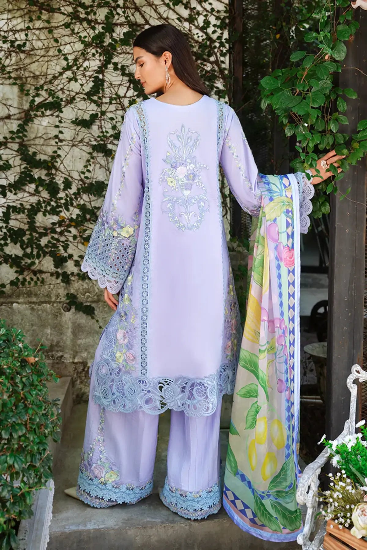 Lilac Sweet Confession by Mushq embroidered lawn 3PC suit with cotton trouser and silk dupatta