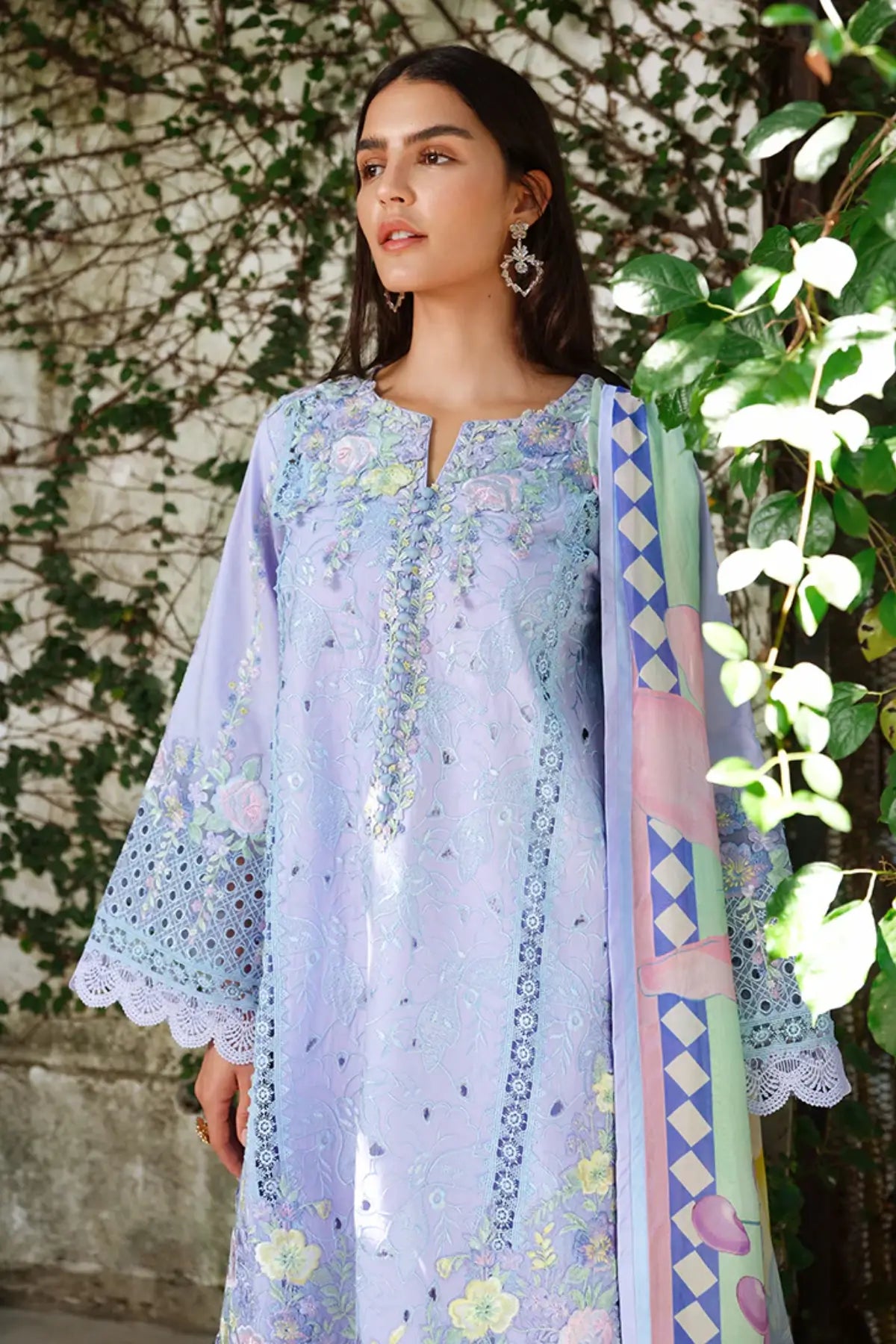 Lilac Sweet Confession by Mushq embroidered lawn 3PC suit with cotton trouser and silk dupatta