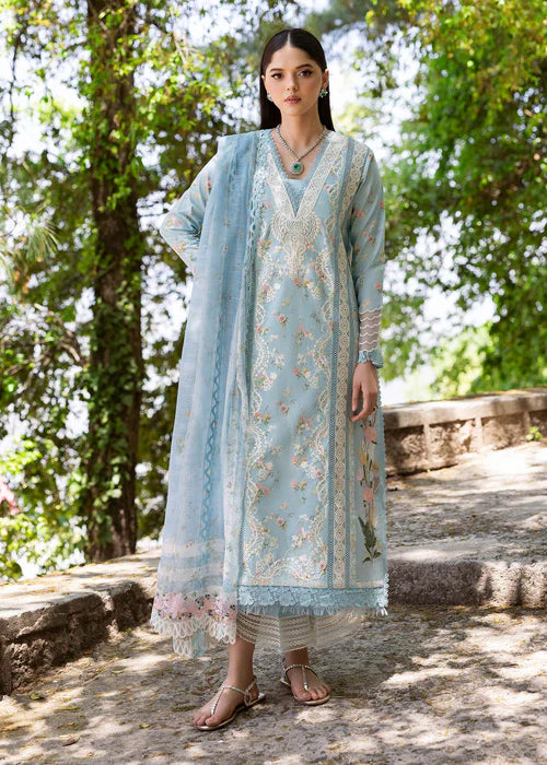 Sweet Opel 8-B – Designer Embroidered Blue Lawn Suit with Floral Organza Dupatta by Saira Shakira
