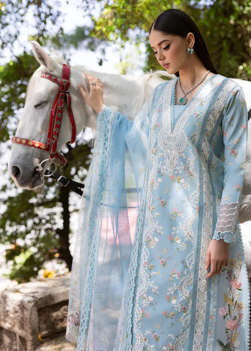 Sweet Opel 8-B – Designer Embroidered Blue Lawn Suit with Floral Organza Dupatta by Saira Shakira