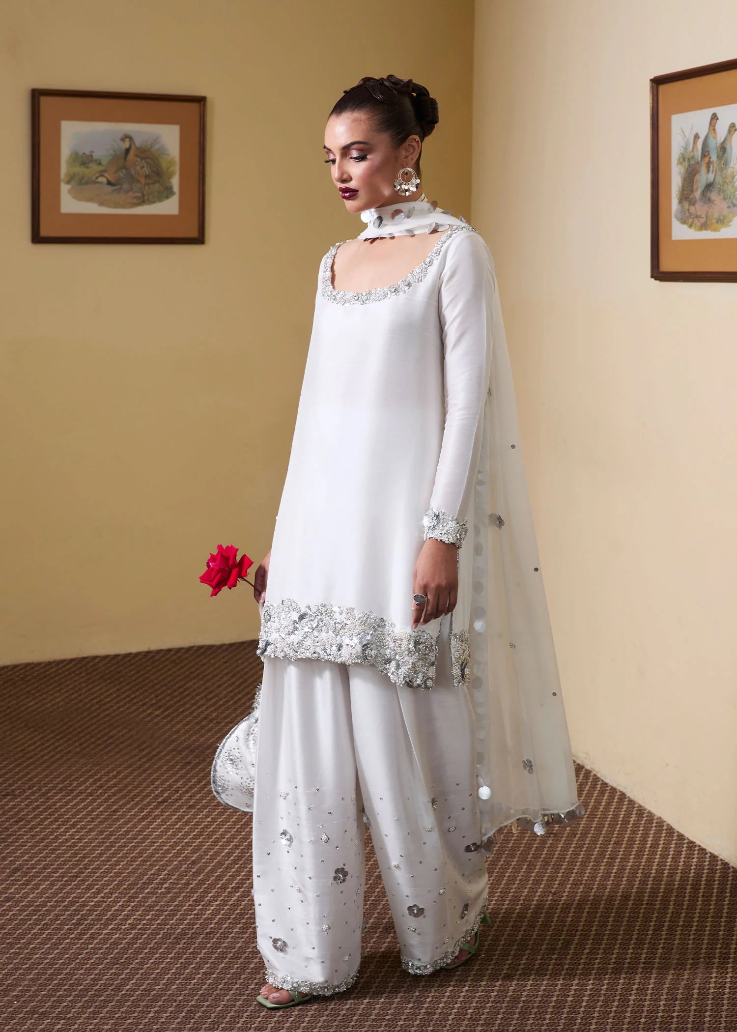 Swoon- Stunning White Pure Raw Silk Shalwar Kameez Ensemble By- Hussain Rehar