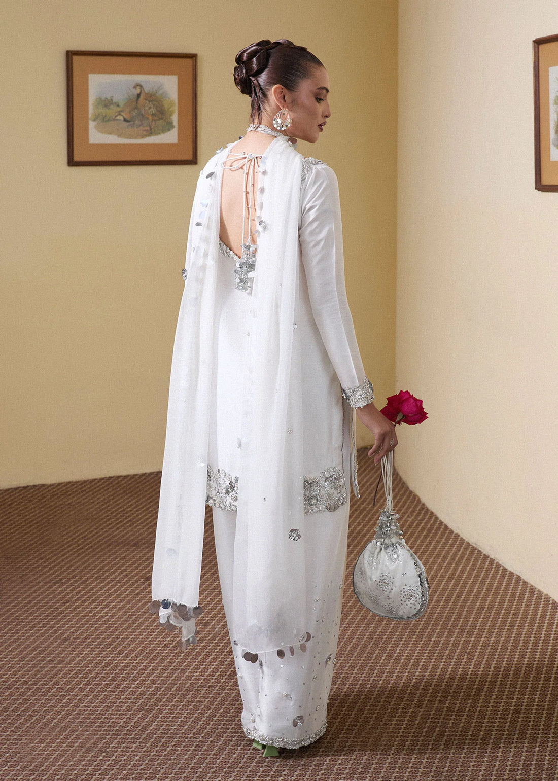 Swoon- Stunning White Pure Raw Silk Shalwar Kameez Ensemble By- Hussain Rehar
