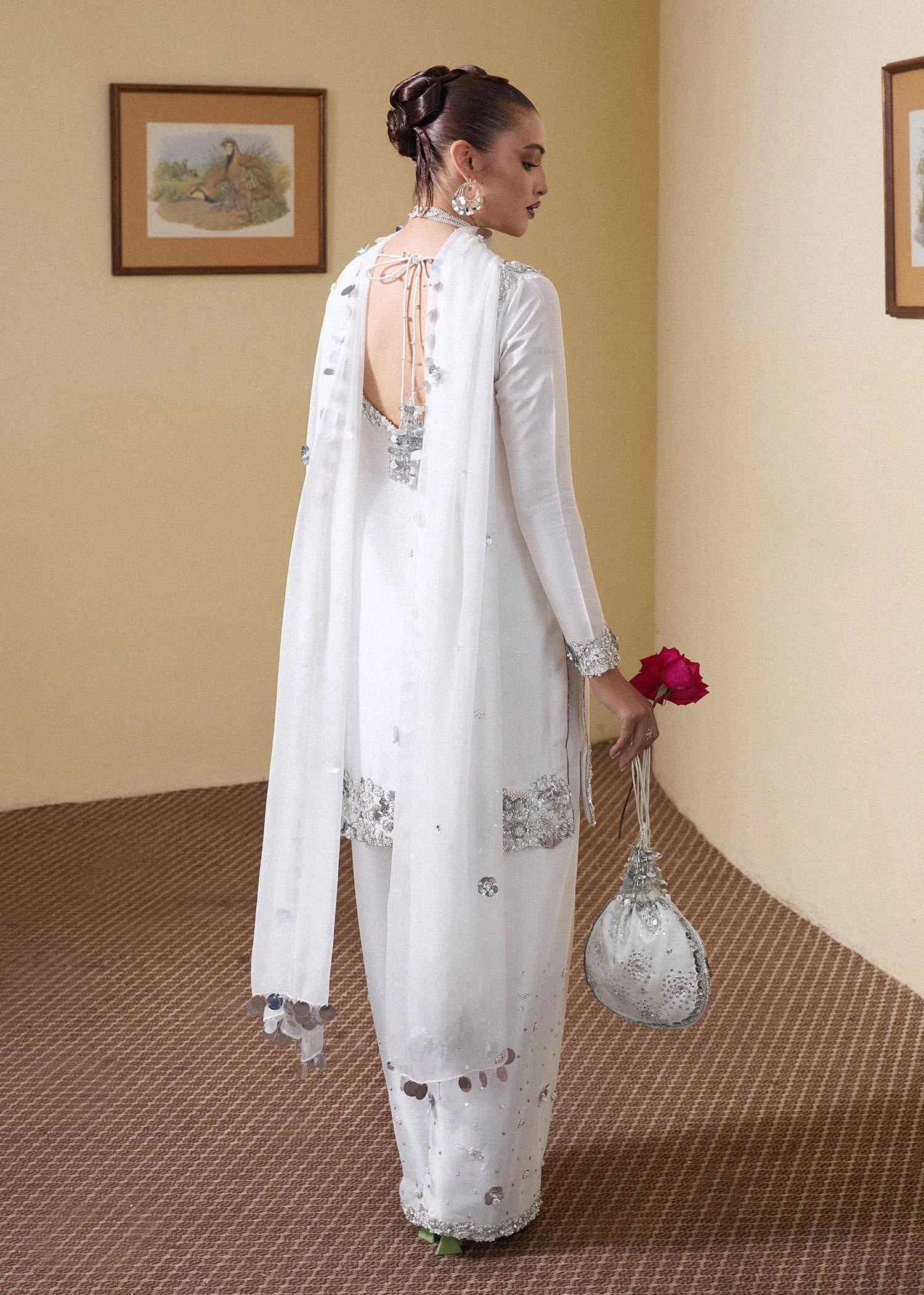 Swoon- Stunning White Pure Raw Silk Shalwar Kameez Ensemble By- Hussain Rehar