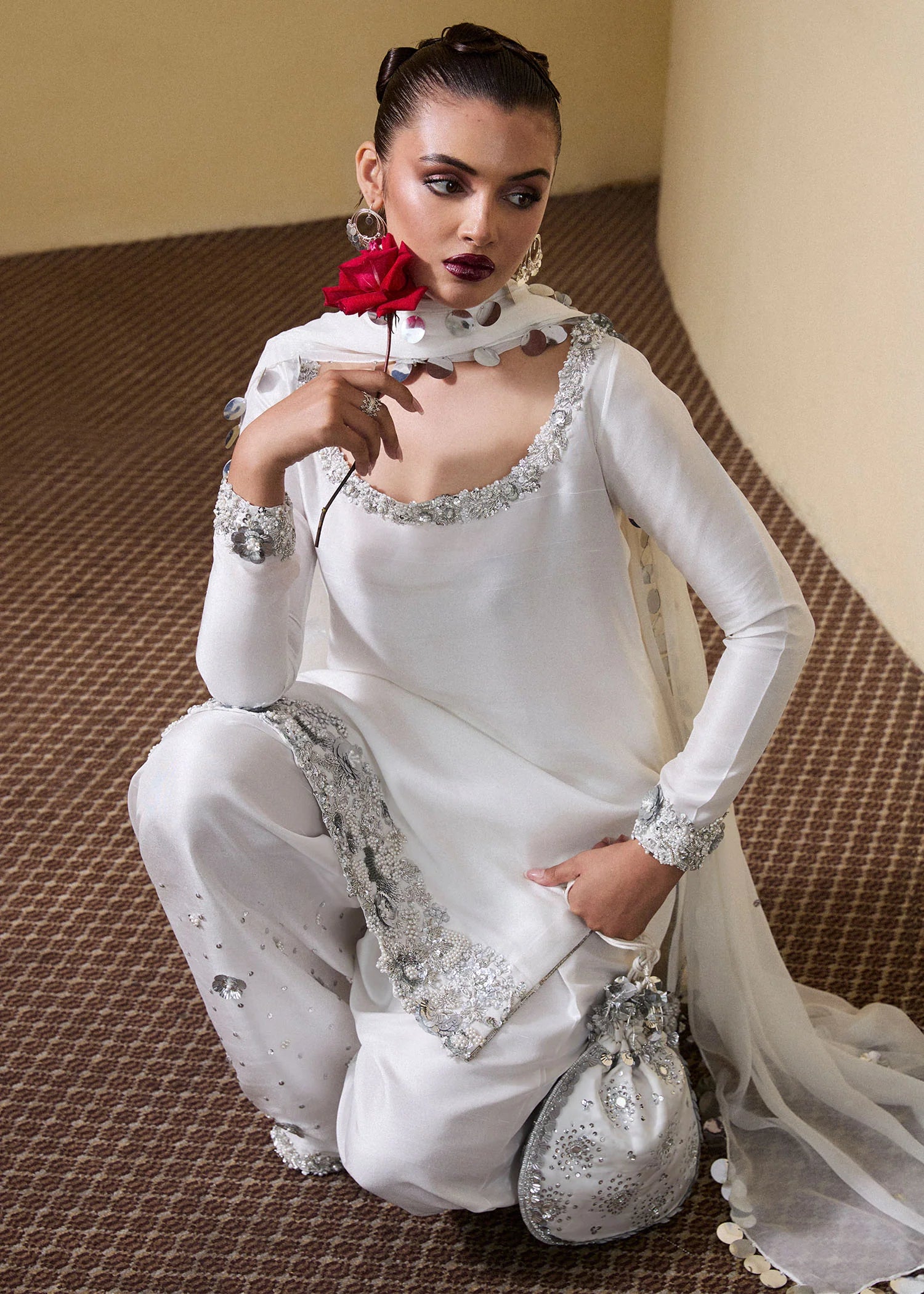Swoon- Stunning White Pure Raw Silk Shalwar Kameez Ensemble By- Hussain Rehar