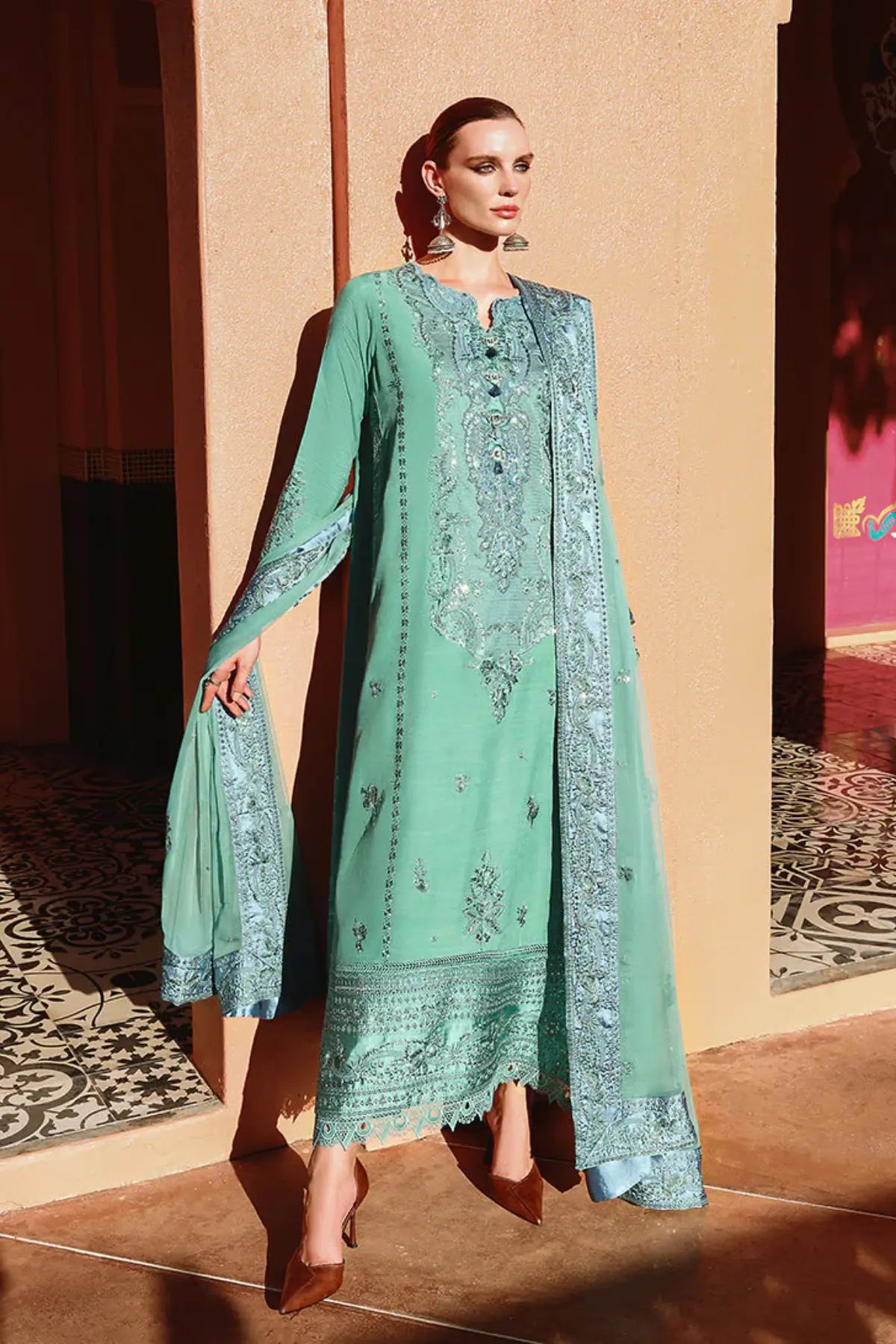 Aqua raw silk 3PC stitched suit Sybil by Mushq from Nuvera Raw Silk 2026 available at Pakistanimoda worldwide