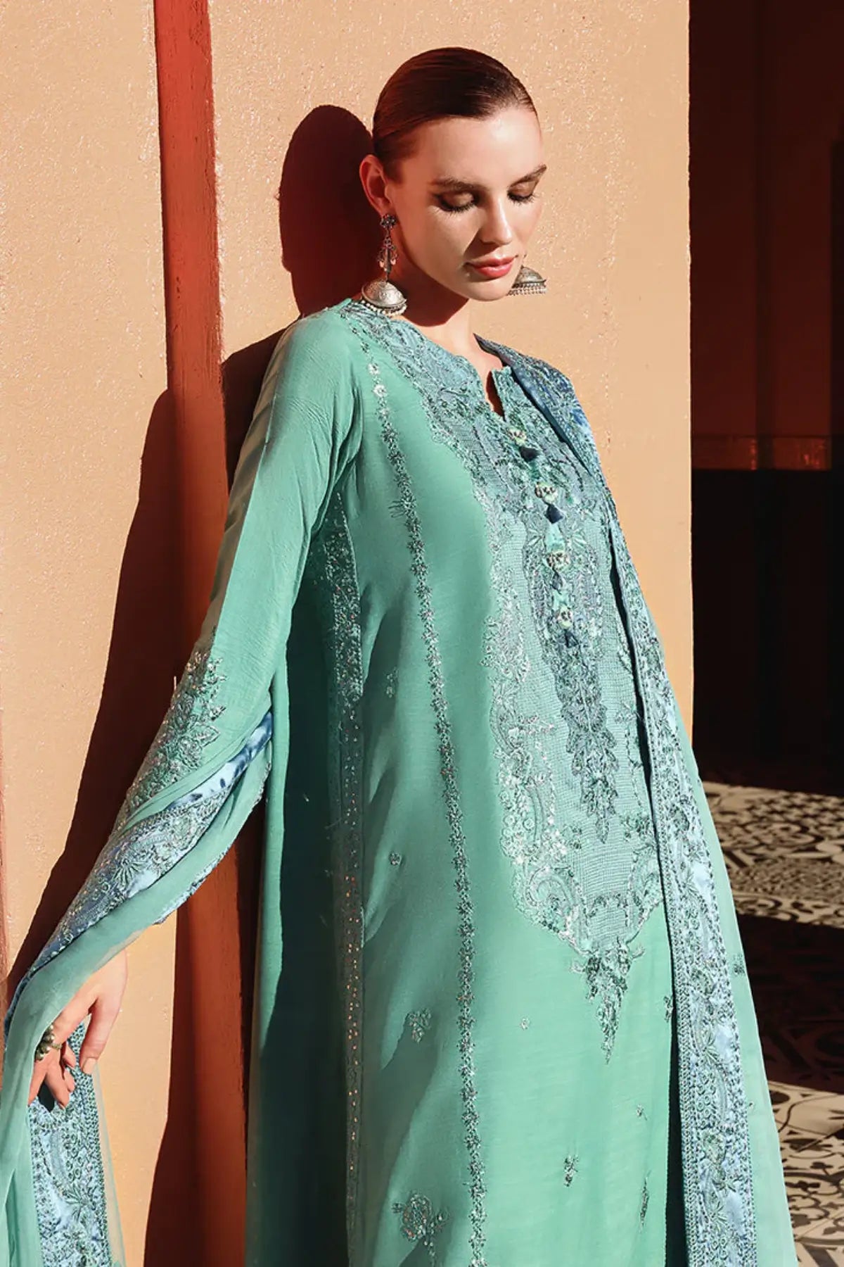 Aqua raw silk 3PC stitched suit Sybil by Mushq from Nuvera Raw Silk 2026 available at Pakistanimoda worldwide