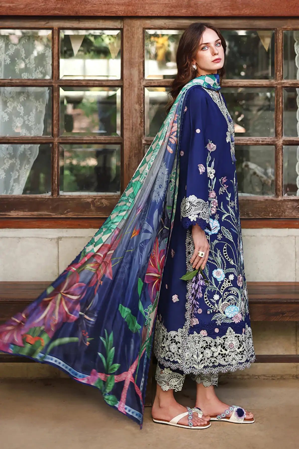 Mushq Sylphae blue embroidered lawn stitched suit with embellished tassels, silk dupatta and appliqué work with luxury finish