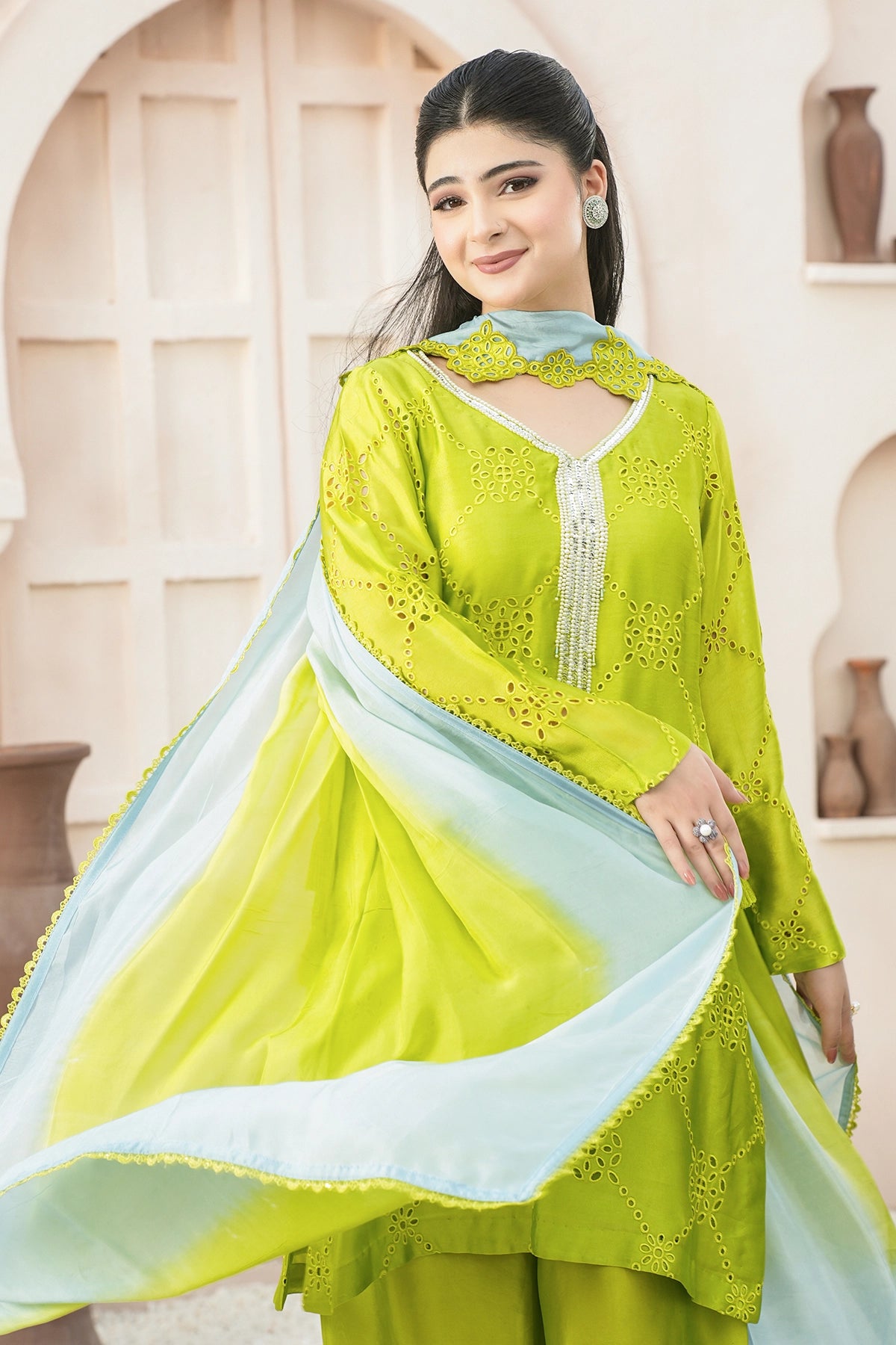 Sylvie Lime Green Sheesha Silk Festive Suit with Balloon Pants and Silk Choker Dupatta by MariamRaj