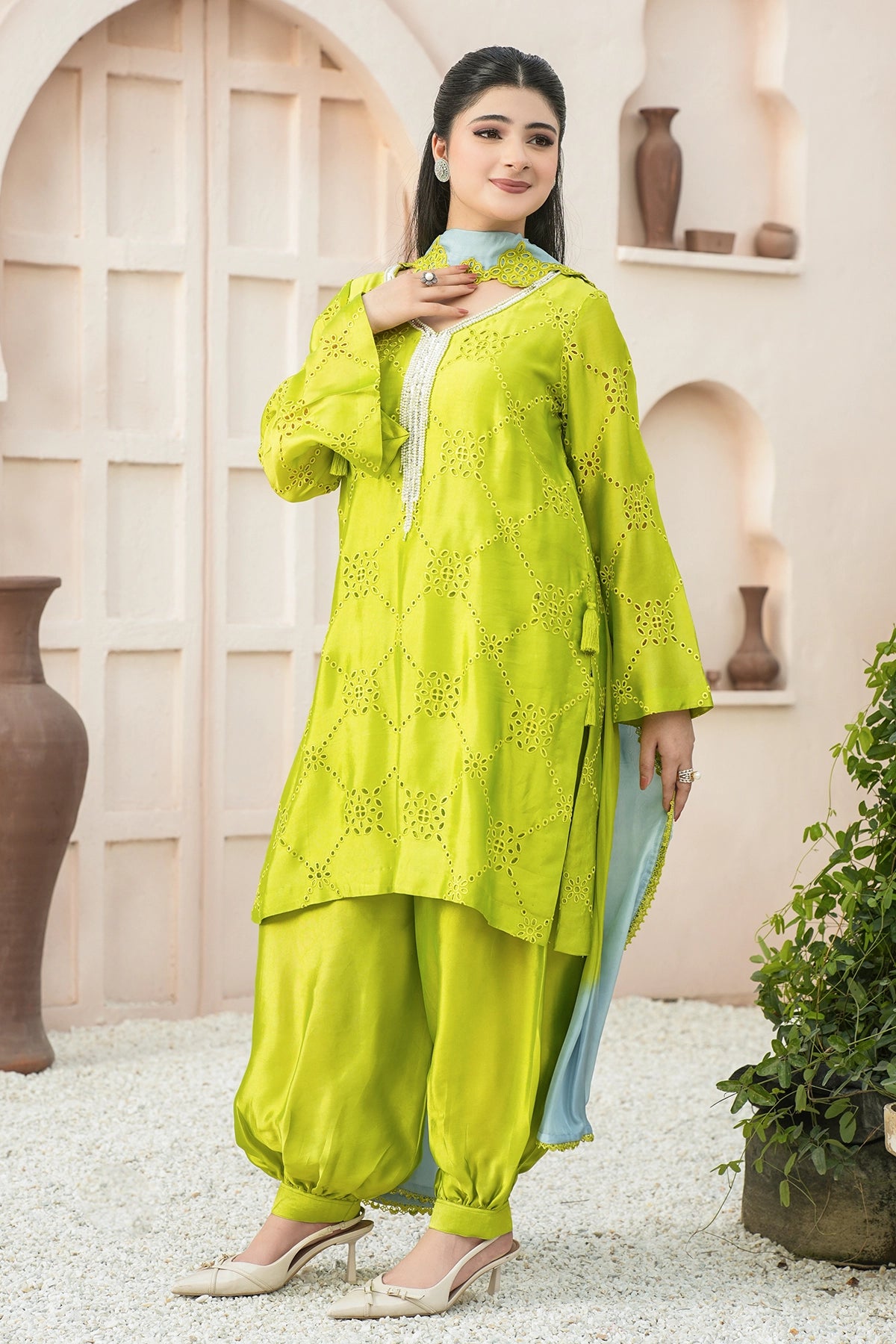 Sylvie Lime Green Sheesha Silk Festive Suit with Balloon Pants and Silk Choker Dupatta by MariamRaj