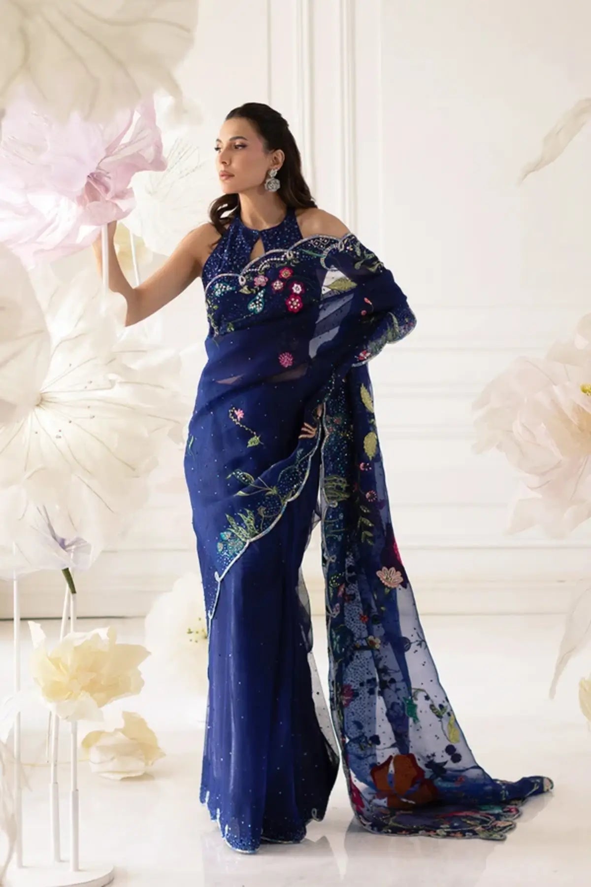 Syra Navy Blue Stitched Pakistani Festive Organza Saree with Multicolor Botanical Floral Embroidery and Embellished Chiffon Halter Neck Blouse