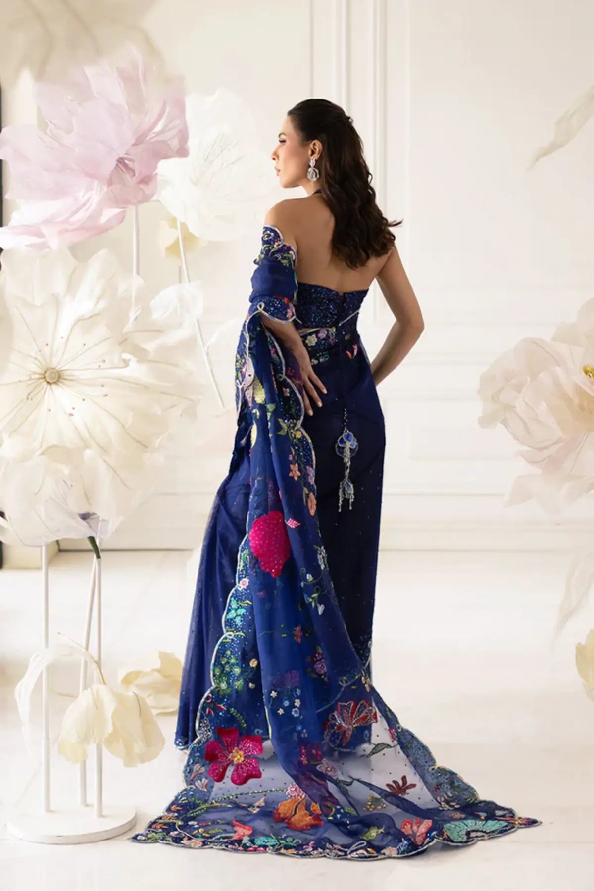 Syra Navy Blue Stitched Pakistani Festive Organza Saree with Multicolor Botanical Floral Embroidery and Embellished Chiffon Halter Neck Blouse