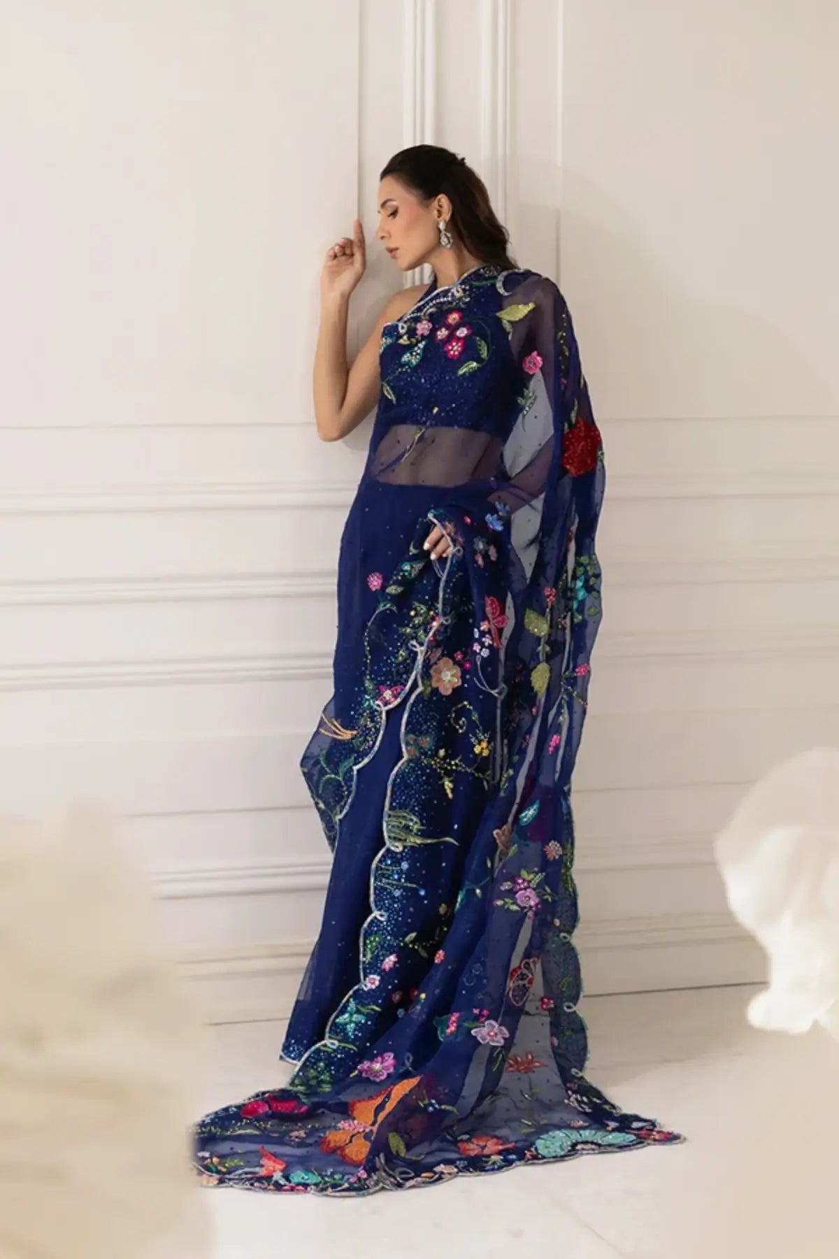 Syra Navy Blue Stitched Pakistani Festive Organza Saree with Multicolor Botanical Floral Embroidery and Embellished Chiffon Halter Neck Blouse