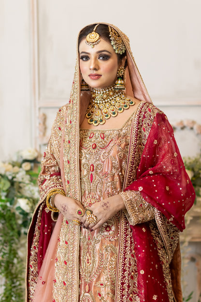 Tabinda peach tissue bridal lehenga with dual dupattas and red jamawar trail – Barrat Day bridal outfit.