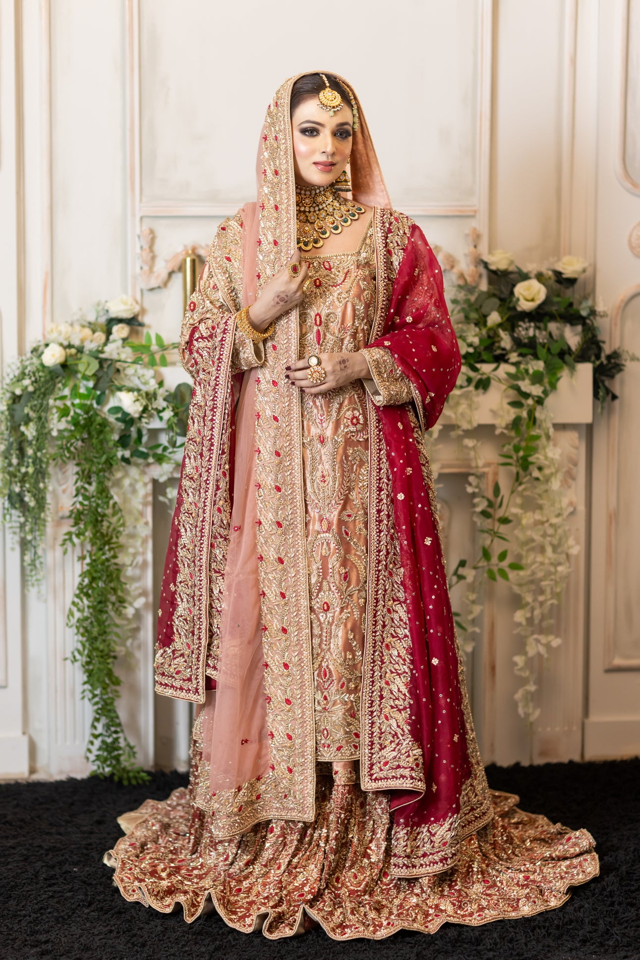 Tabinda peach tissue bridal lehenga with dual dupattas and red jamawar trail – Barrat Day bridal outfit.