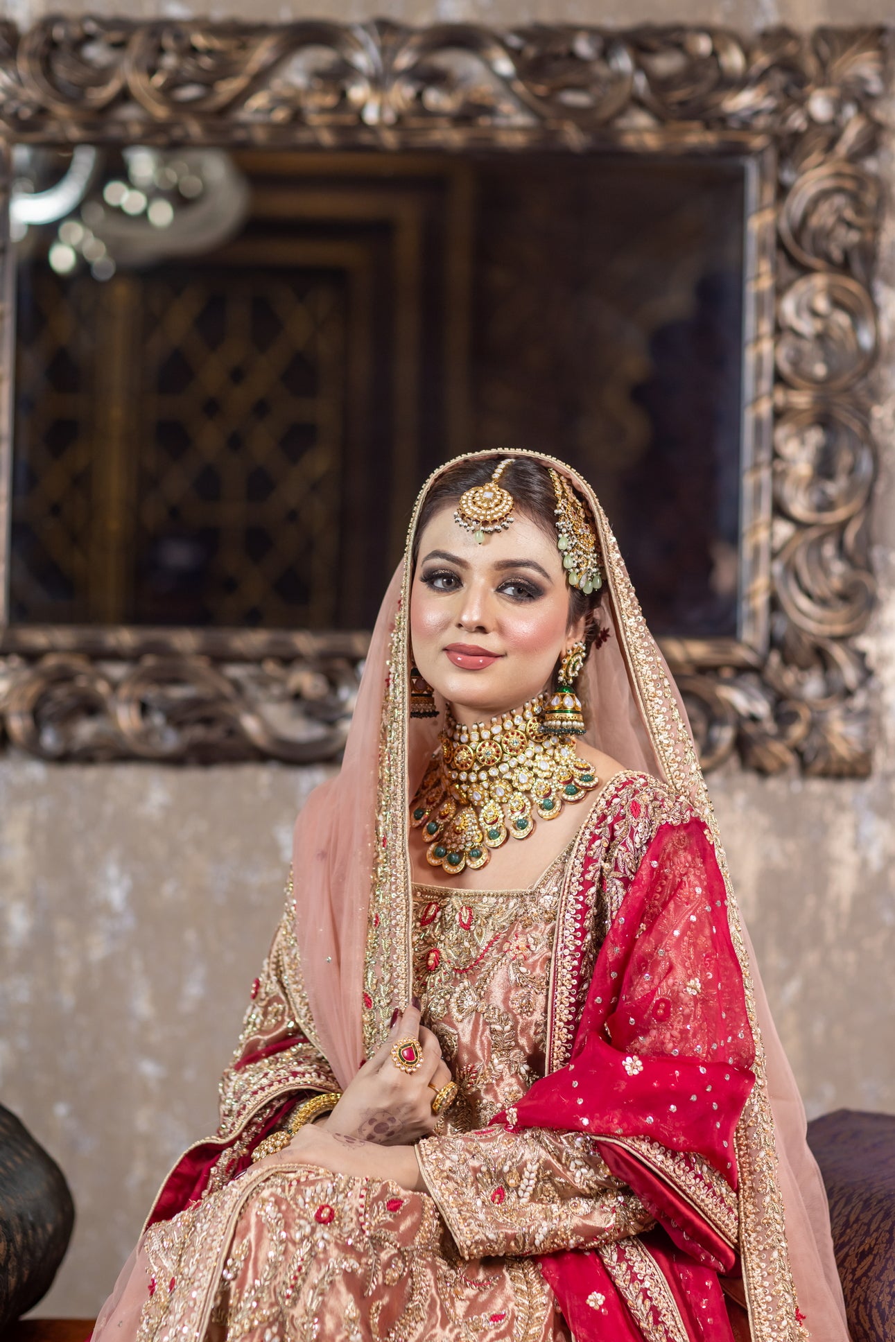 Tabinda peach tissue bridal lehenga with dual dupattas and red jamawar trail – Barrat Day bridal outfit.