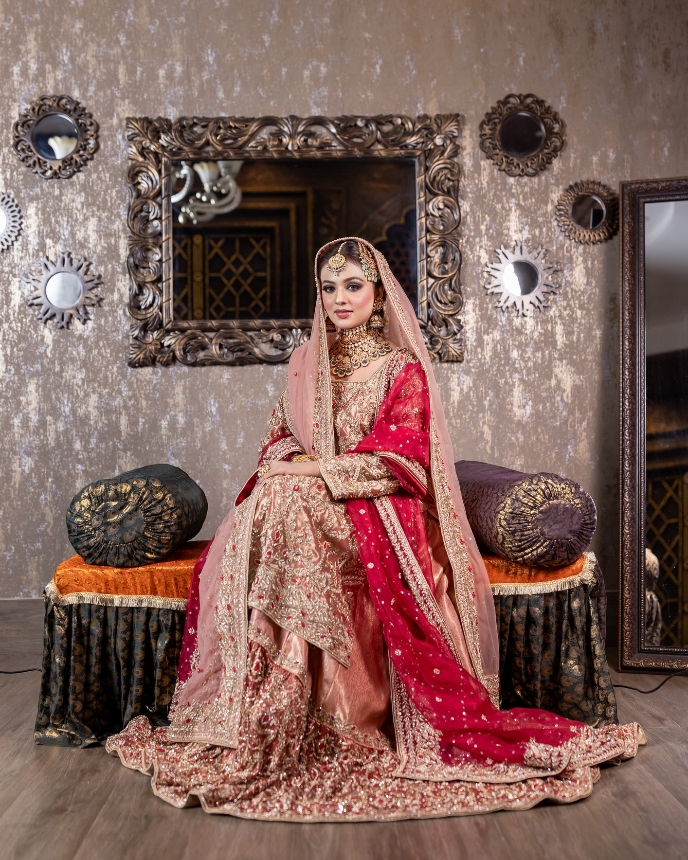 Tabinda peach tissue bridal lehenga with dual dupattas and red jamawar trail – Barrat Day bridal outfit.