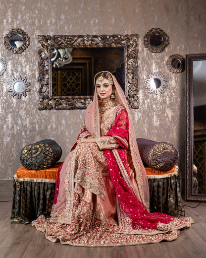 Tabinda peach tissue bridal lehenga with dual dupattas and red jamawar trail – Barrat Day bridal outfit.