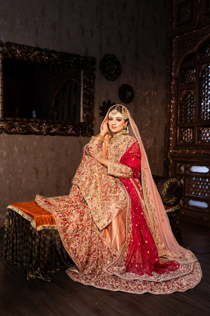 Tabinda peach tissue bridal lehenga with dual dupattas and red jamawar trail – Barrat Day bridal outfit.