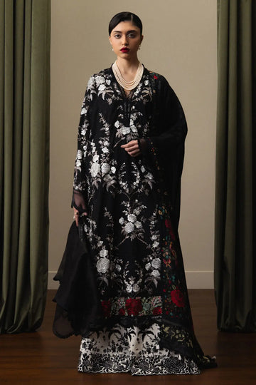Zara Shahjahan Takumi-D10 black gaara embroidered lawn suit with silk dupatta and cambric trousers