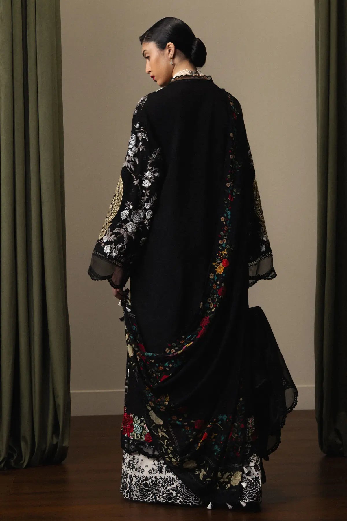 Zara Shahjahan Takumi-D10 black gaara embroidered lawn suit with silk dupatta and cambric trousers