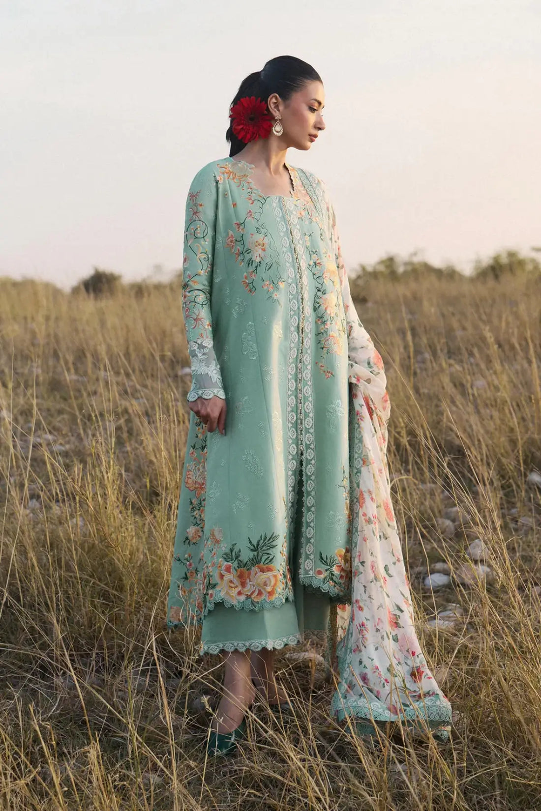 Talia Hussain Rehar Mint Embroidered Lawn Stitched 3PC Suit with Printed Chiffon Dupatta and Cotton Culotte Pants