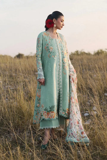 Talia Hussain Rehar Mint Embroidered Lawn Stitched 3PC Suit with Printed Chiffon Dupatta and Cotton Culotte Pants