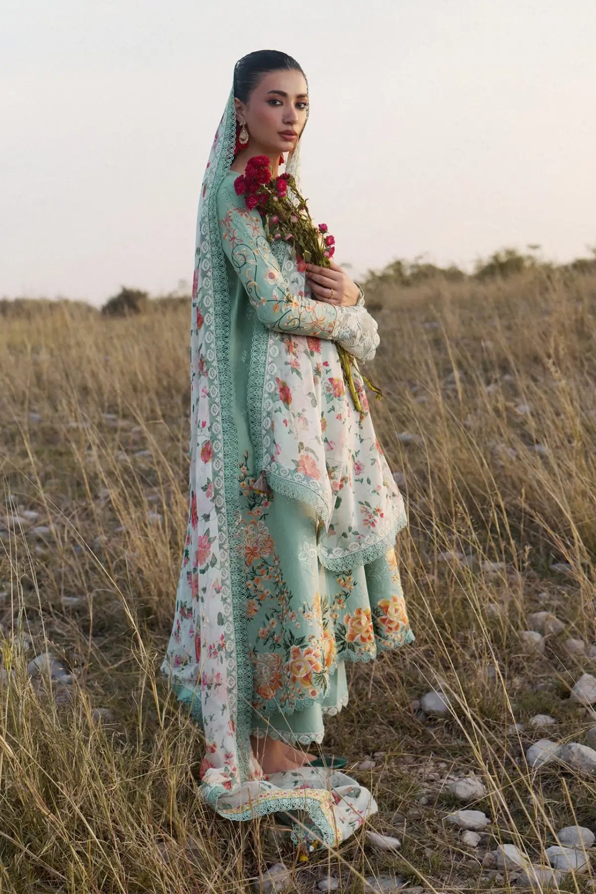 Talia Hussain Rehar Mint Embroidered Lawn Stitched 3PC Suit with Printed Chiffon Dupatta and Cotton Culotte Pants