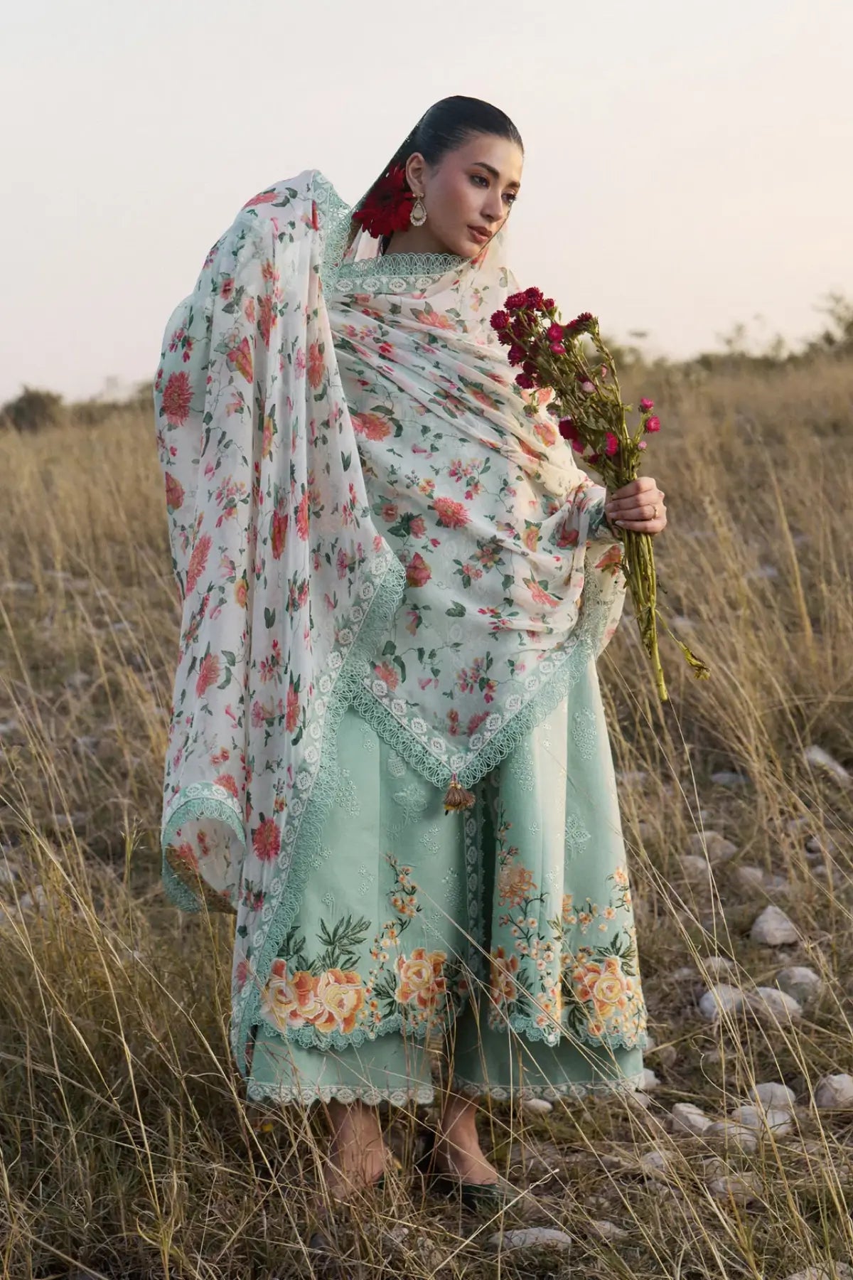 Talia Hussain Rehar Mint Embroidered Lawn Stitched 3PC Suit with Printed Chiffon Dupatta and Cotton Culotte Pants