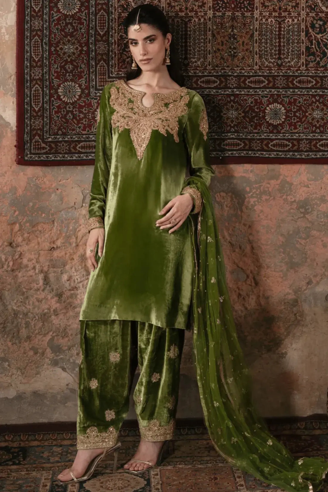 Taliya Maya Pret pea green velvet Eid shalwar kameez stitched festive wear.