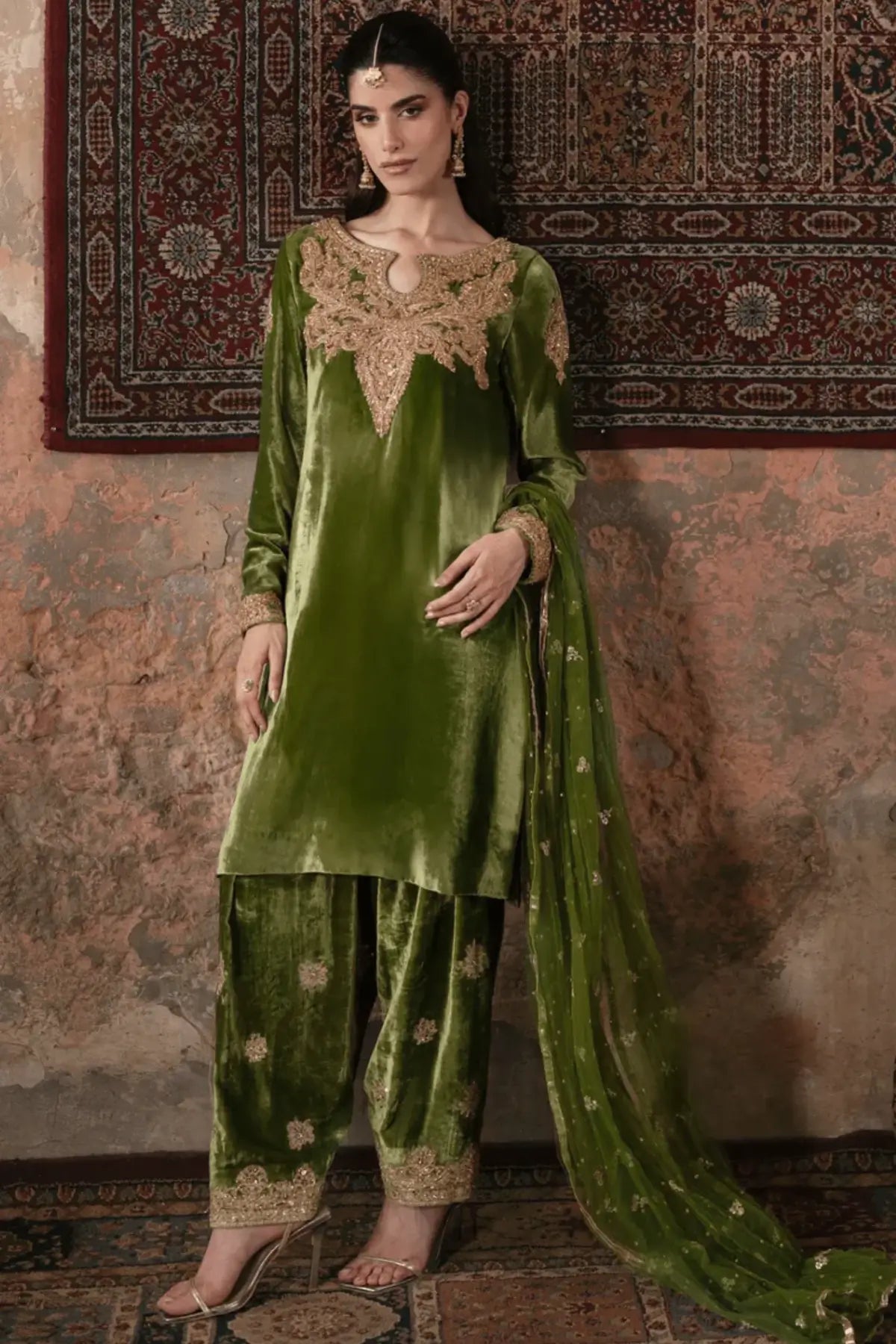 Taliya Maya Pret pea green velvet Eid shalwar kameez stitched festive wear.