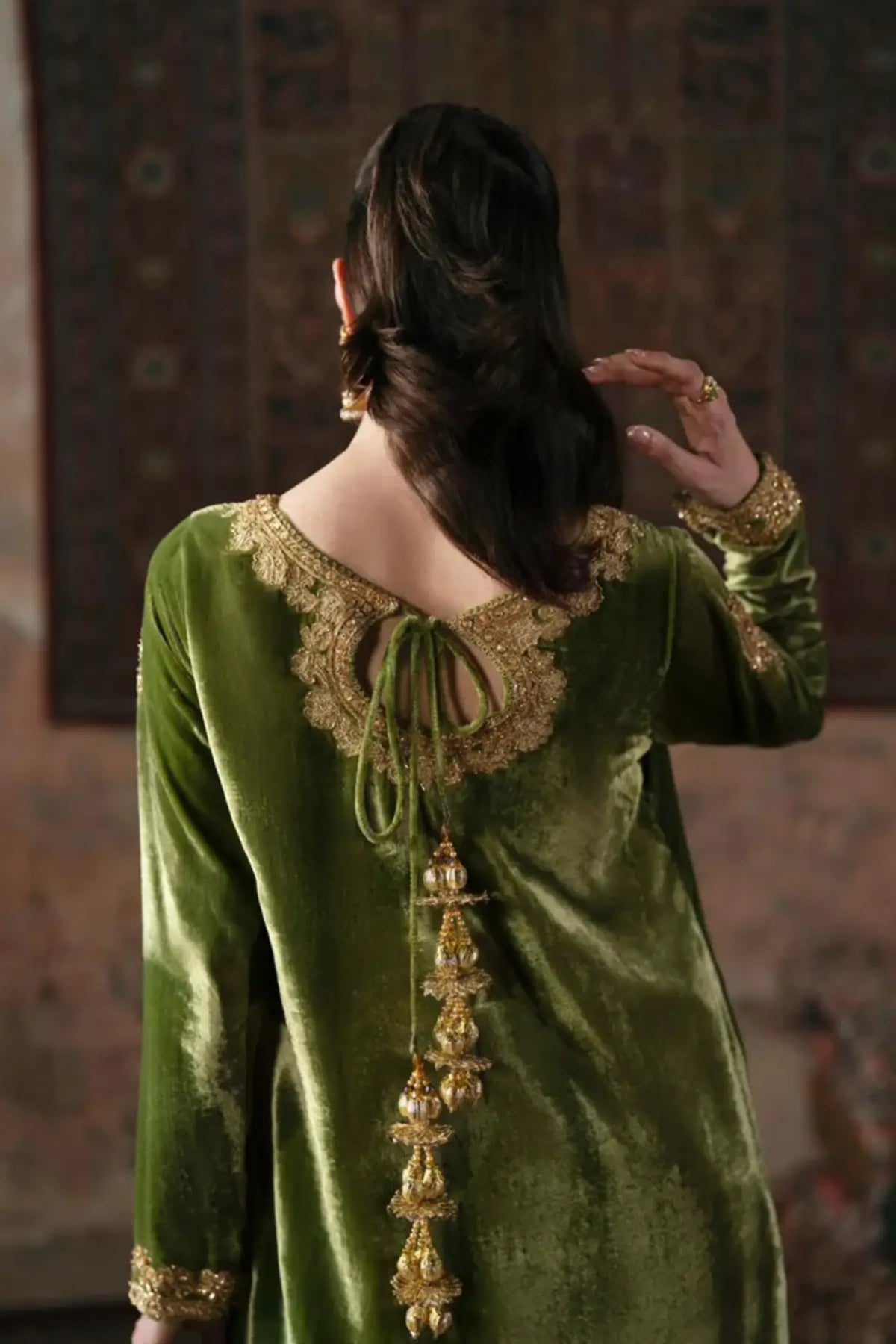 Taliya Maya Pret pea green velvet Eid shalwar kameez stitched festive wear.