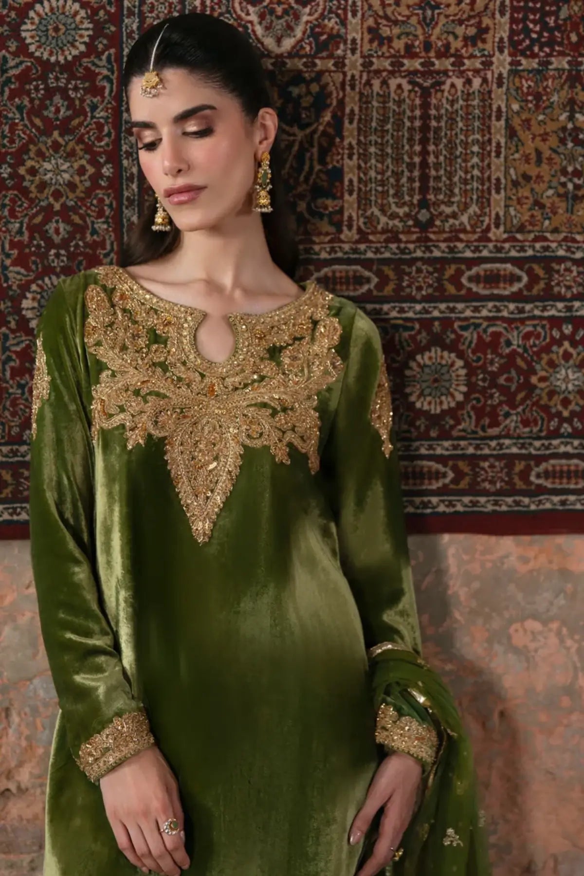 Taliya Maya Pret pea green velvet Eid shalwar kameez stitched festive wear.