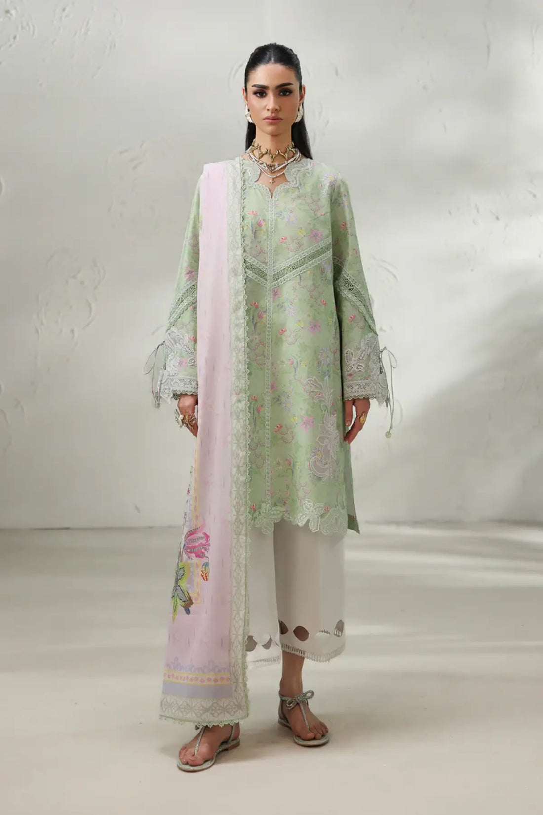 Talya QQP-01(A) by Qalamkar ivory printed lawn stitched 3PC suit with embroidered neckline, daman detailing, and printed lawn dupatta.