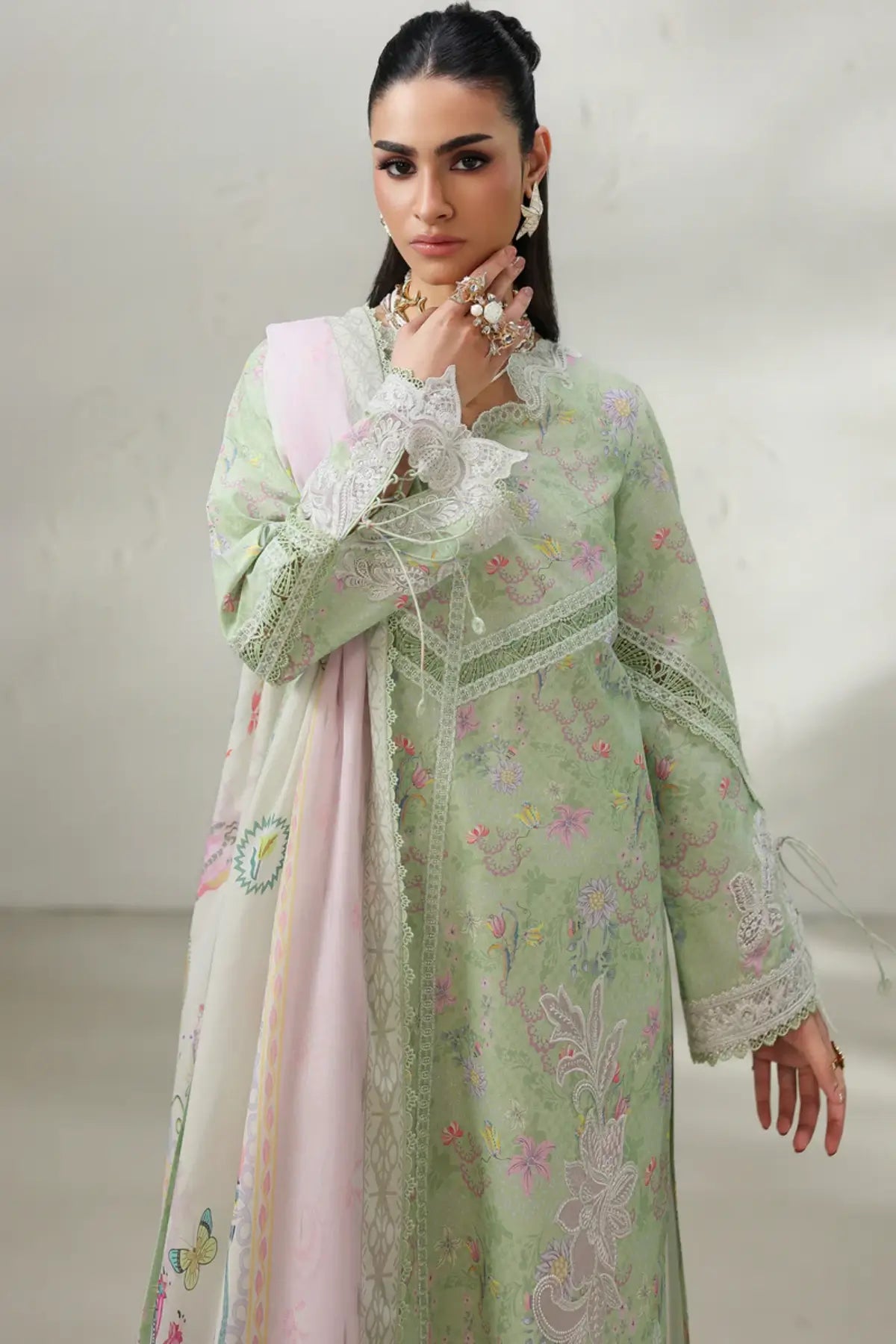 Talya QQP-01(A) by Qalamkar ivory printed lawn stitched 3PC suit with embroidered neckline, daman detailing, and printed lawn dupatta.