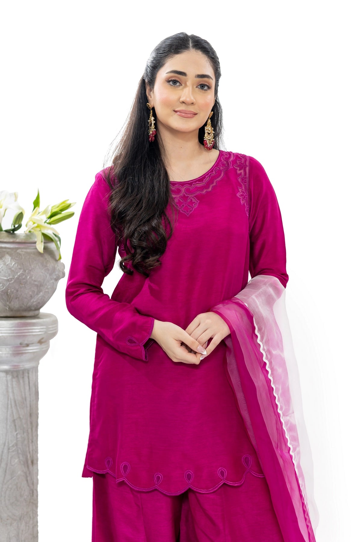 Tamanna magenta Korean silk stitched 3PC suit with palazzo and organza dupatta by MariamRaj