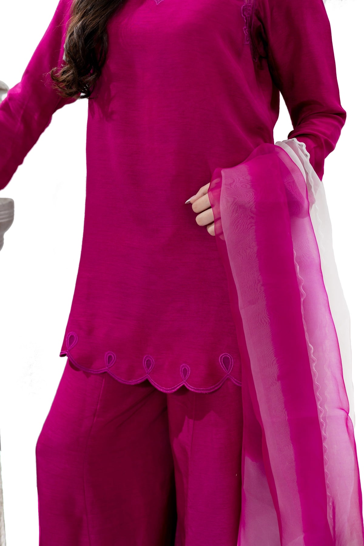 Tamanna magenta Korean silk stitched 3PC suit with palazzo and organza dupatta by MariamRaj