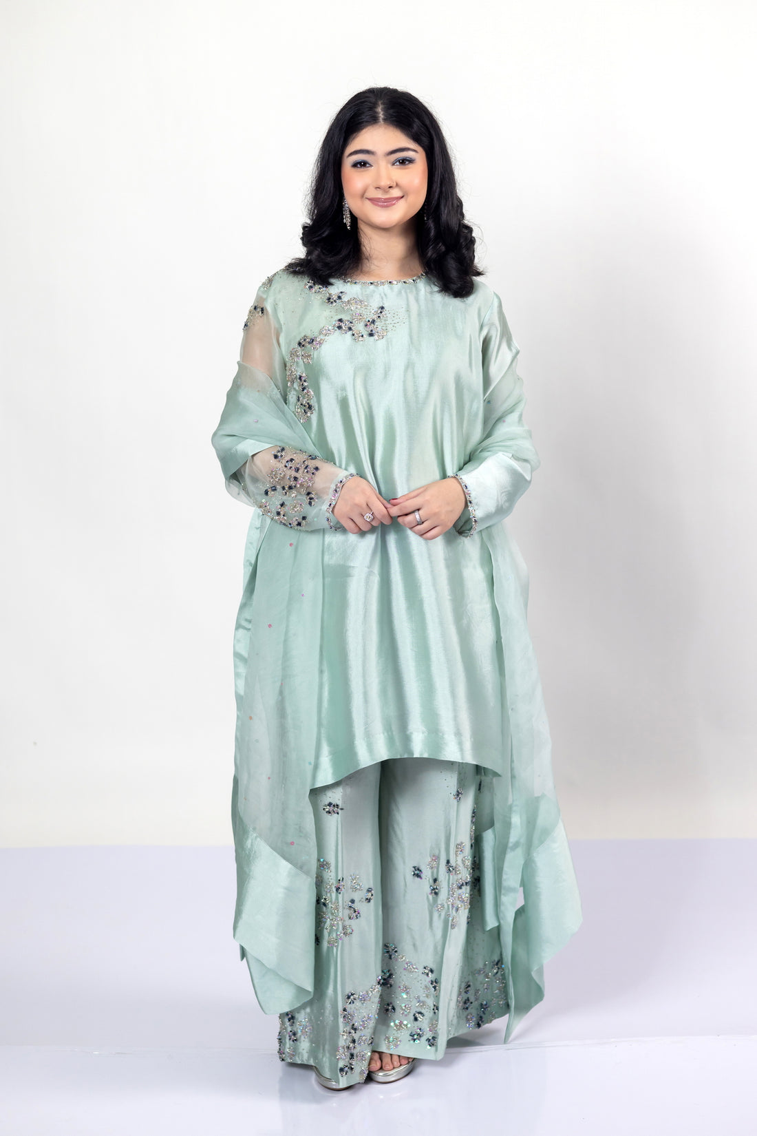 Tanishq mint green sheesha silk dress with tailored shirt, matching bottom, and organza dupatta for weddings, mehndi, and party occasions by MariamRaj
