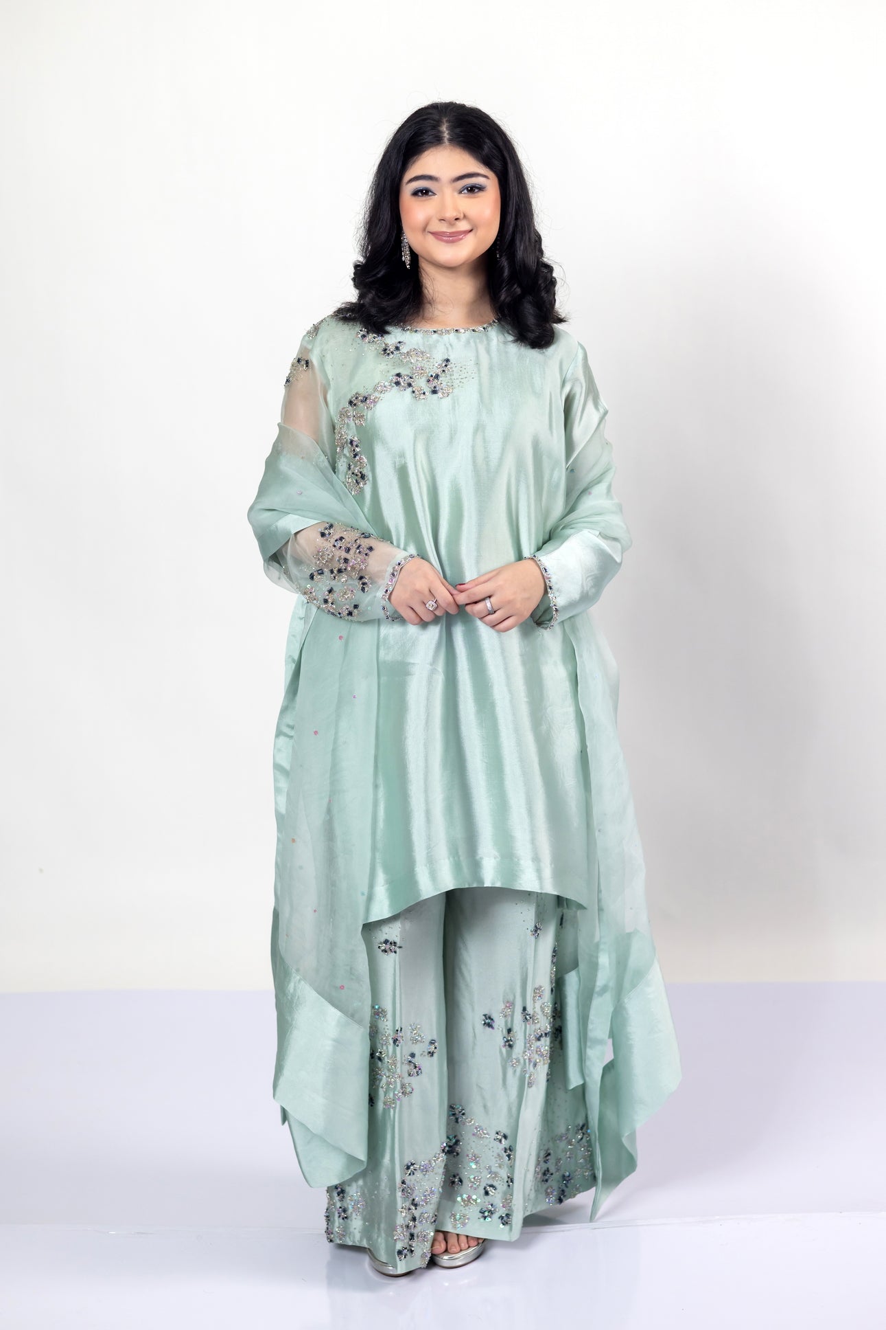 Tanishq mint green sheesha silk dress with tailored shirt, matching bottom, and organza dupatta for weddings, mehndi, and party occasions by MariamRaj