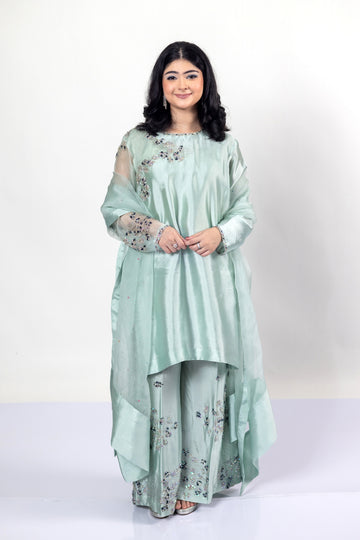 Tanishq mint green sheesha silk dress with tailored shirt, matching bottom, and organza dupatta for weddings, mehndi, and party occasions by MariamRaj