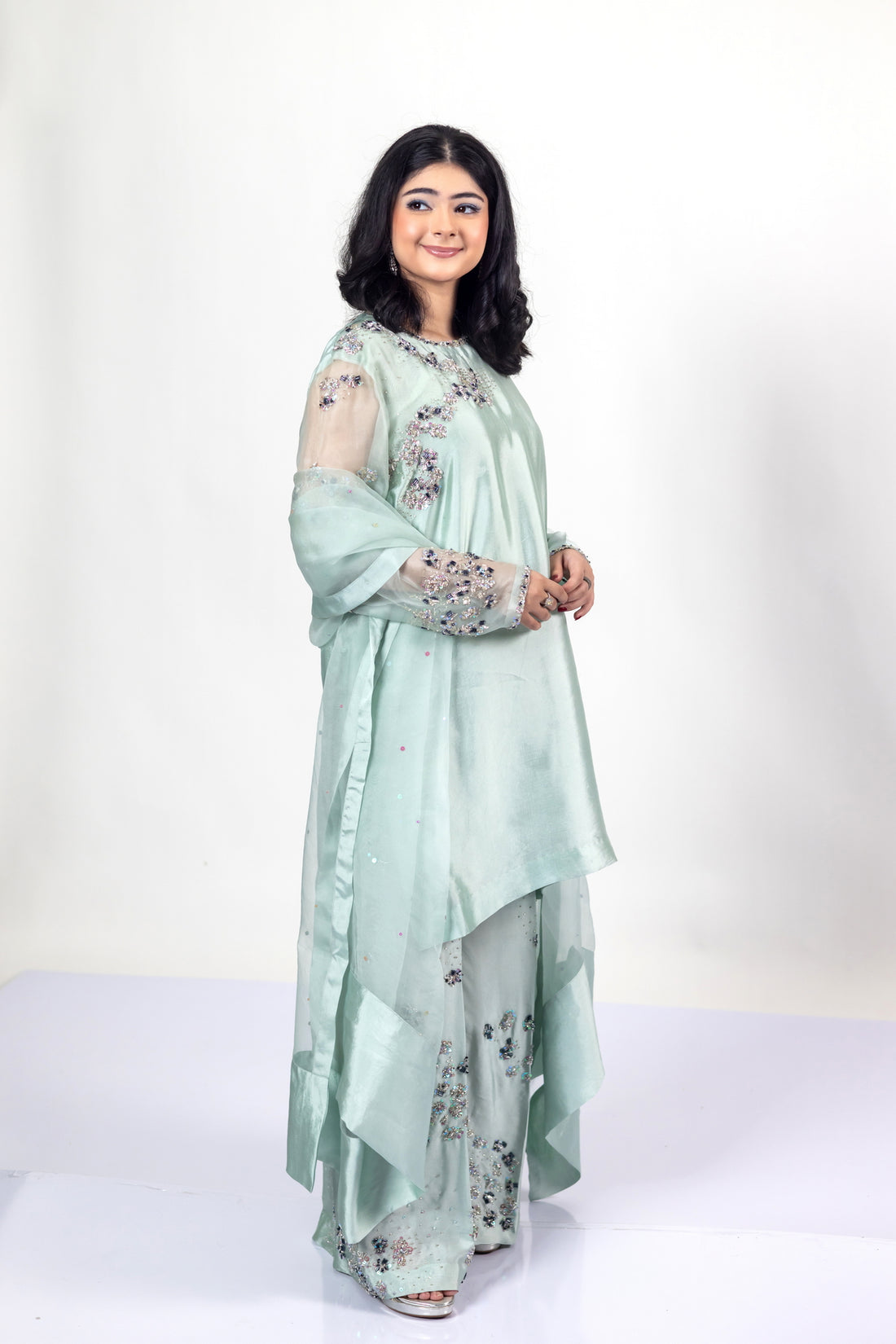 Tanishq mint green sheesha silk dress with tailored shirt, matching bottom, and organza dupatta for weddings, mehndi, and party occasions by MariamRaj