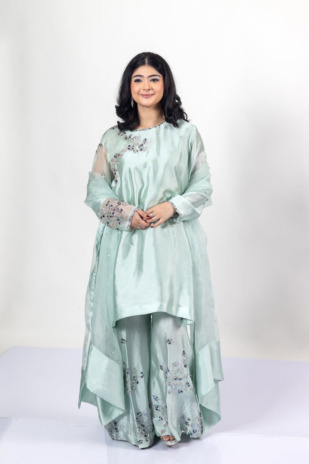 Tanishq mint green sheesha silk dress with tailored shirt, matching bottom, and organza dupatta for weddings, mehndi, and party occasions by MariamRaj