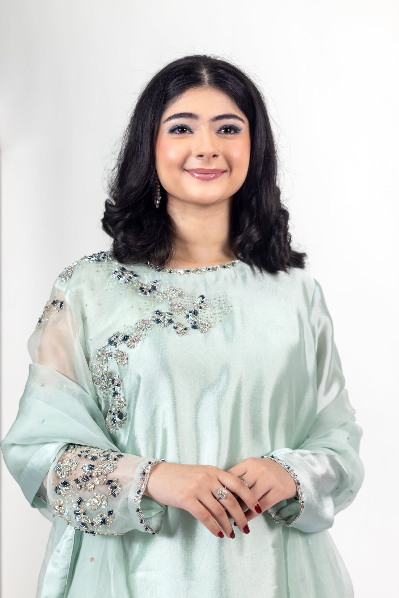 Tanishq mint green sheesha silk dress with tailored shirt, matching bottom, and organza dupatta for weddings, mehndi, and party occasions by MariamRaj