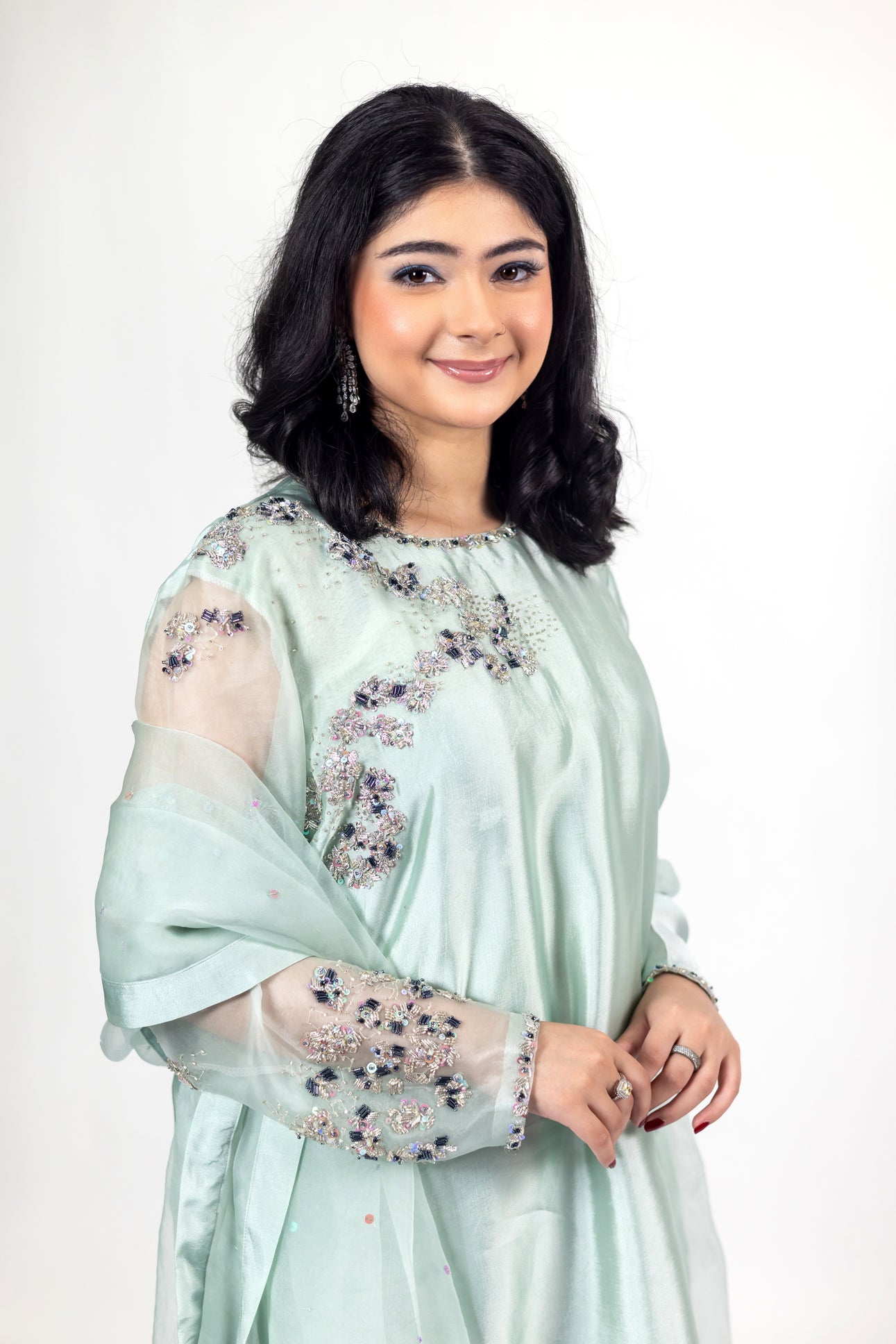 Tanishq mint green sheesha silk dress with tailored shirt, matching bottom, and organza dupatta for weddings, mehndi, and party occasions by MariamRaj