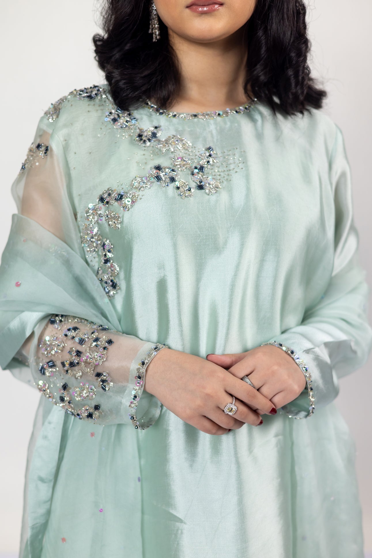 Tanishq mint green sheesha silk dress with tailored shirt, matching bottom, and organza dupatta for weddings, mehndi, and party occasions by MariamRaj