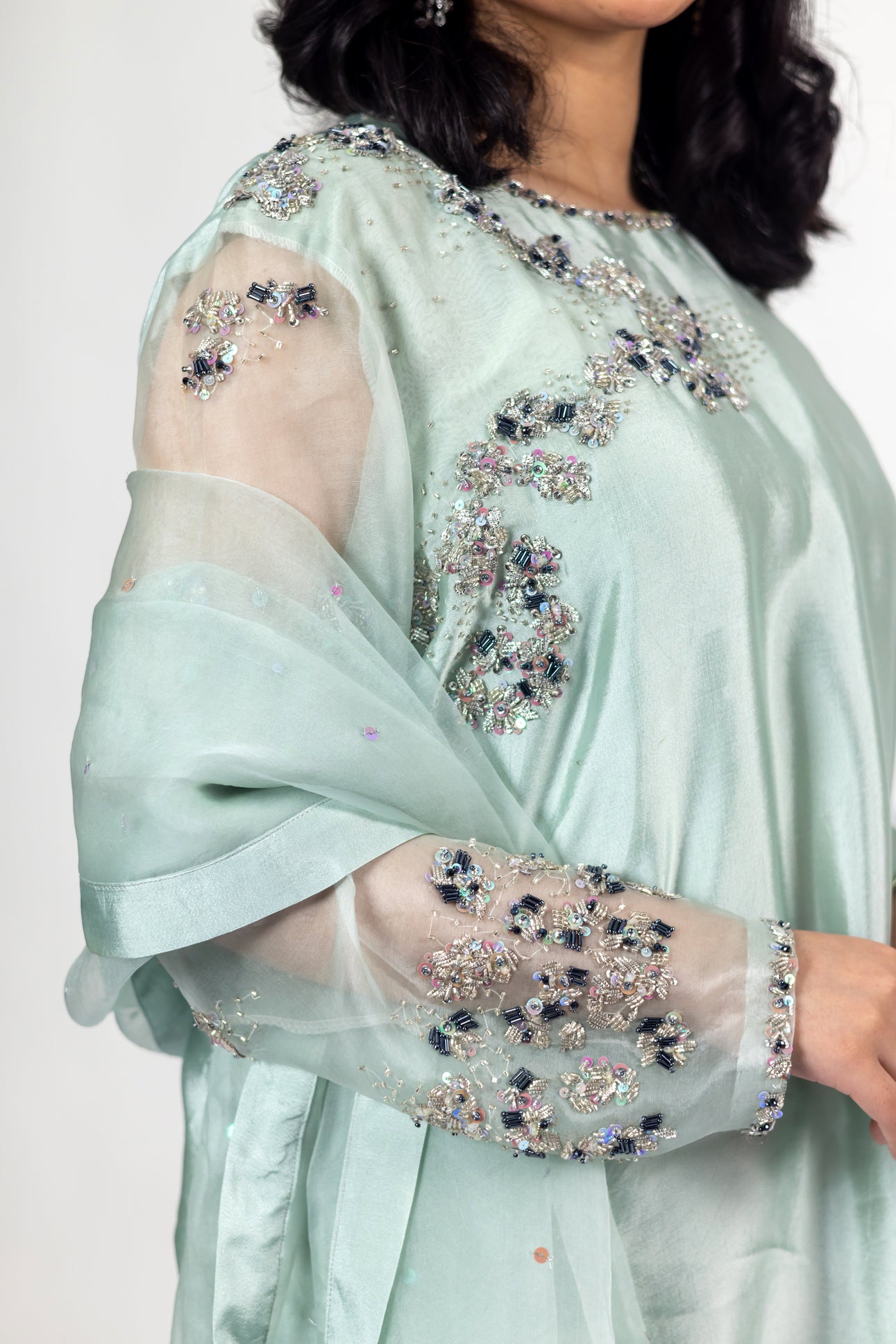 Tanishq mint green sheesha silk dress with tailored shirt, matching bottom, and organza dupatta for weddings, mehndi, and party occasions by MariamRaj
