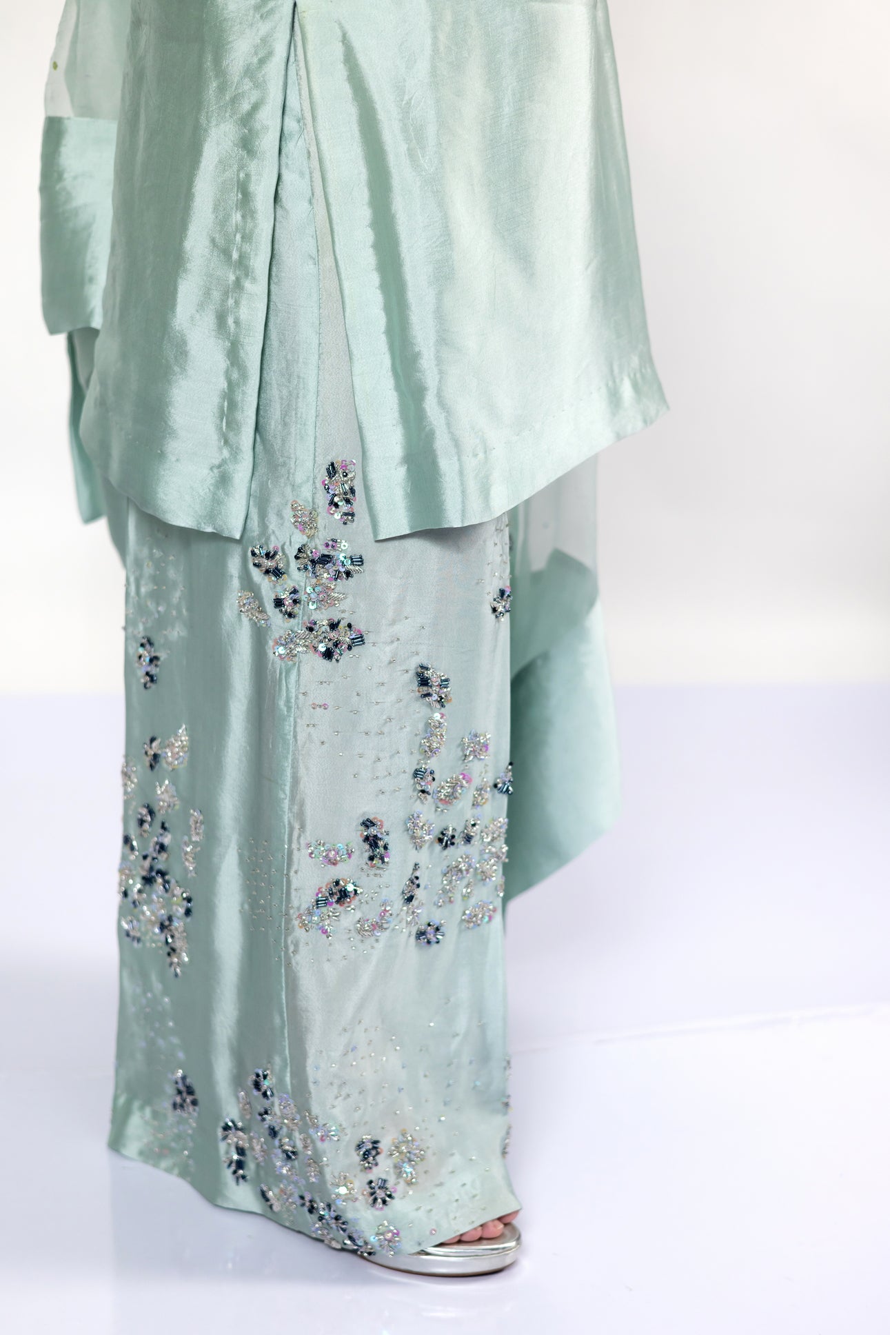Tanishq mint green sheesha silk dress with tailored shirt, matching bottom, and organza dupatta for weddings, mehndi, and party occasions by MariamRaj