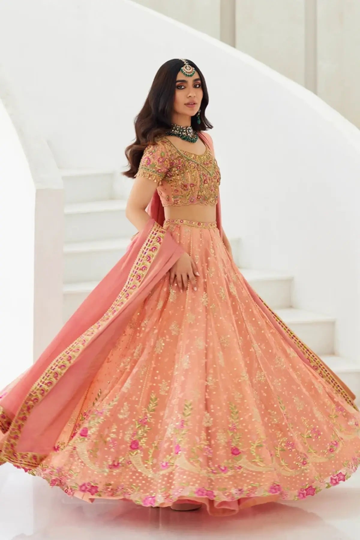 Tanya Peach Embroidered Net Pakistani Lehenga Choli with Pink Gold Floral Work, Lame Lining and Coordinating Lame Tissue Dupatta
