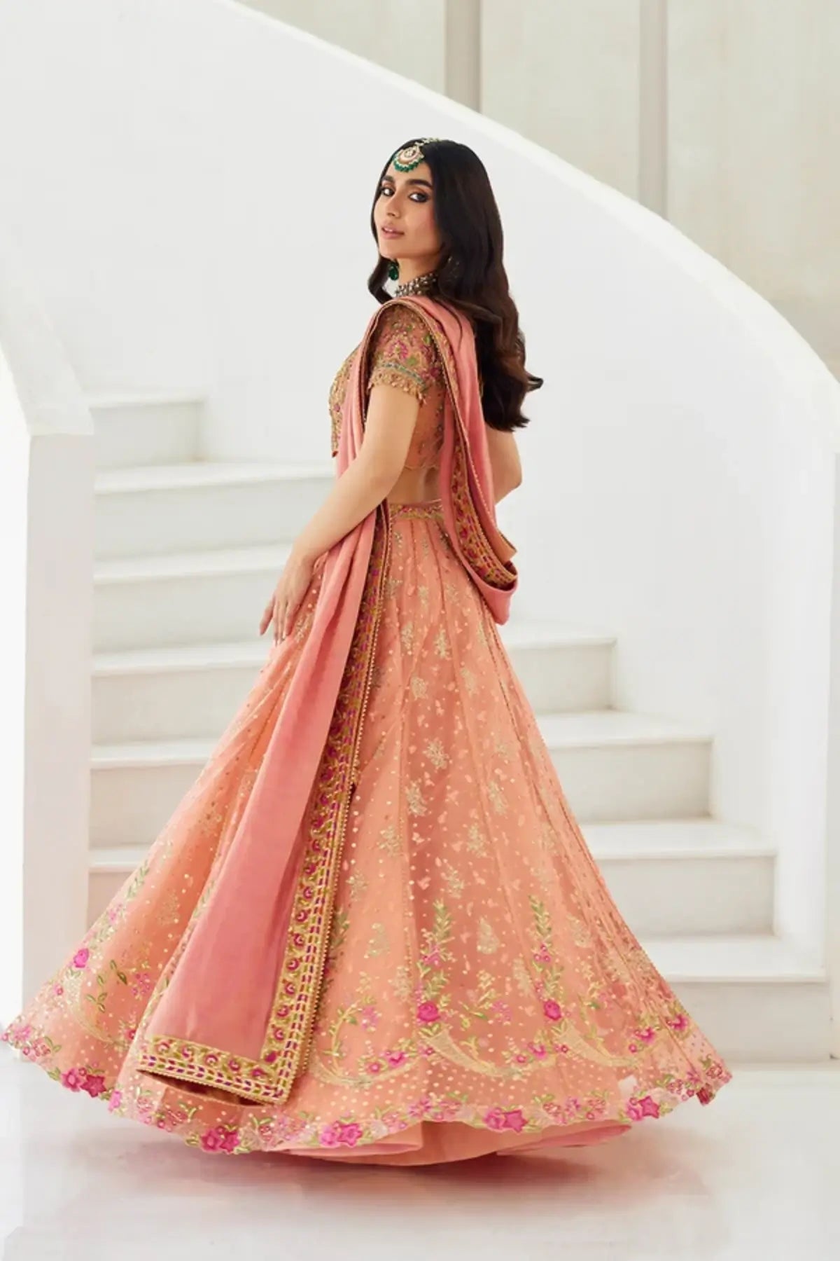Tanya Peach Embroidered Net Pakistani Lehenga Choli with Pink Gold Floral Work, Lame Lining and Coordinating Lame Tissue Dupatta