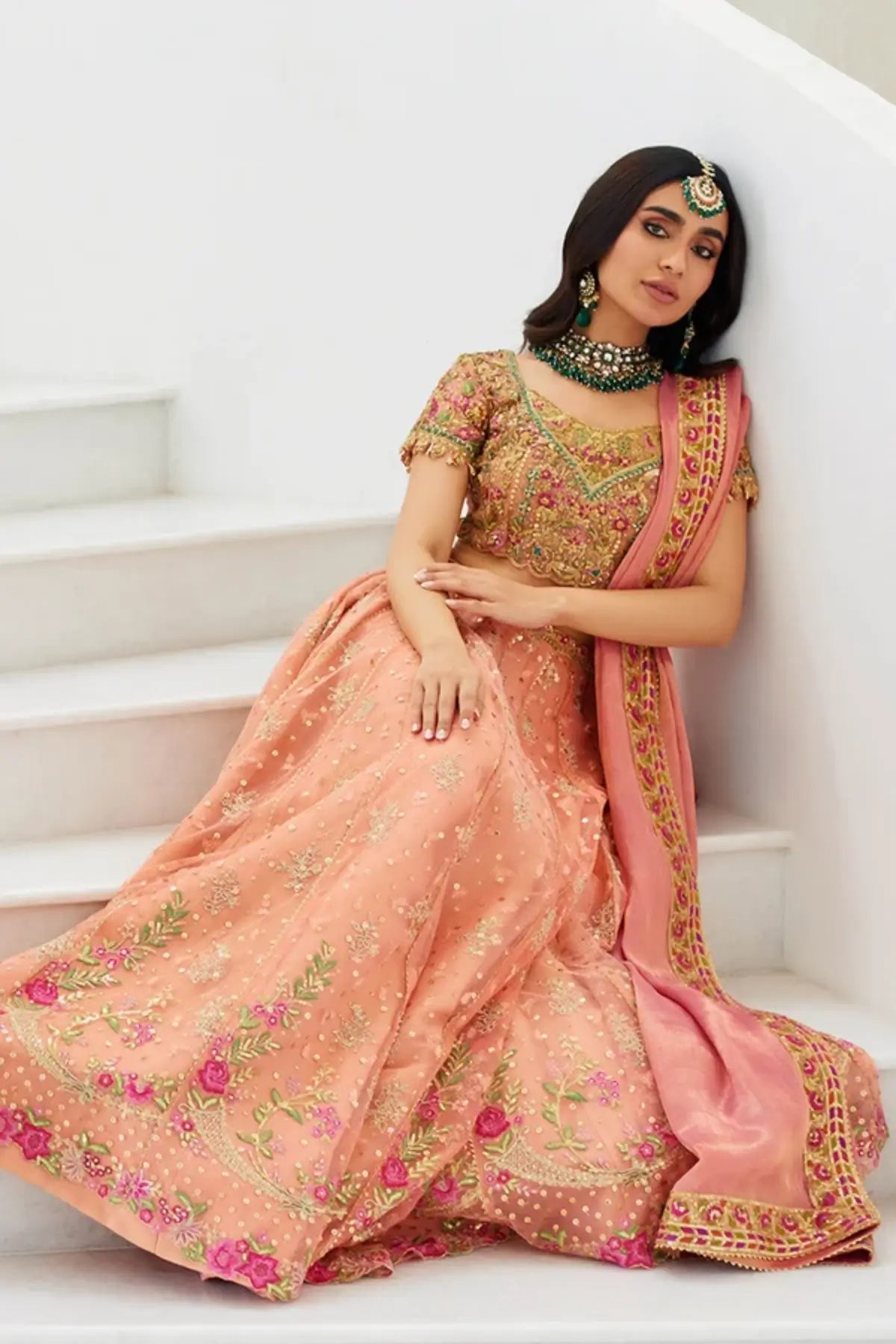 Tanya Peach Embroidered Net Pakistani Lehenga Choli with Pink Gold Floral Work, Lame Lining and Coordinating Lame Tissue Dupatta